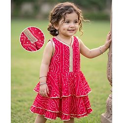 Babyhug Cambric Woven Ethnic Dress with Sleeveless and Bandhani Pattern Print in Fuchsia for New born