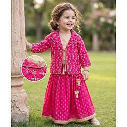 Babyhug 100% Cotton Woven Three-Fourth Sleeves Jacket With Sequinned Choli & Lehenga Set - Fuchsia