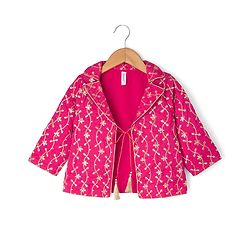 Babyhug 100% Cotton Woven Three-Fourth Sleeves Jacket With Sequinned Choli & Lehenga Set - Fuchsia