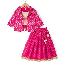 Babyhug 100% Cotton Woven Three-Fourth Sleeves Jacket With Sequinned Choli & Lehenga Set - Fuchsia