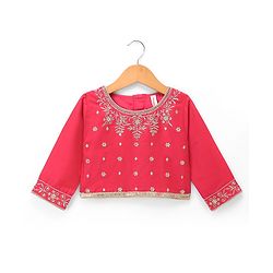 Babyhug Brocade Woven Flared Full Sleeves Embroidered Choli & Floral Printed Lehenga Set With Dupatta - Dark Pink