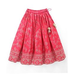 Babyhug Brocade Woven Flared Full Sleeves Embroidered Choli & Floral Printed Lehenga Set With Dupatta - Dark Pink