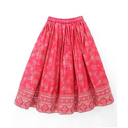Babyhug Brocade Woven Flared Full Sleeves Embroidered Choli & Floral Printed Lehenga Set With Dupatta - Dark Pink