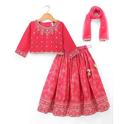 Babyhug Brocade Woven Flared Full Sleeves Embroidered Choli & Floral Printed Lehenga Set With Dupatta - Dark Pink