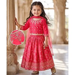 Babyhug Brocade Woven Flared Full Sleeves Embroidered Choli & Floral Printed Lehenga Set With Dupatta - Dark Pink