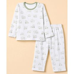 Babyhug 100% Cotton Knit Full Sleeves Co-Ords T-Shirt & Pyjama Night Suit with Vehicle Print - White