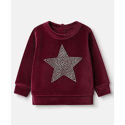 Babyhug Velour Knit Full Sleeves Top and Jogger Winter Set with Star Foil Print - Wine