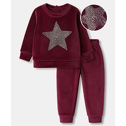 Babyhug Velour Knit Full Sleeves Top and Jogger Winter Set with Star Foil Print - Wine