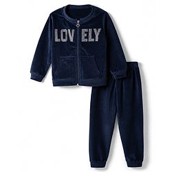 Babyhug Velour Knit Full Sleeves Lovely Foil Printed Front Open Winter Wear Suit - Navy Blue