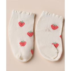 Cute Walk by Babyhug Cotton Knit Anti Bacterial Ankle Length Socks with Strawberry & Cherry Design Pack of 3 - White, Pink & Off White