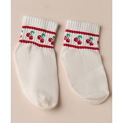 Cute Walk by Babyhug Cotton Knit Anti Bacterial Ankle Length Socks with Strawberry & Cherry Design Pack of 3 - White, Pink & Off White