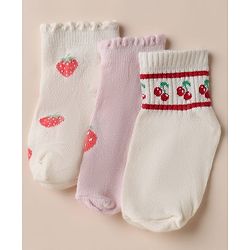 Cute Walk by Babyhug Cotton Knit Anti Bacterial Ankle Length Socks with Strawberry & Cherry Design Pack of 3 - White, Pink & Off White