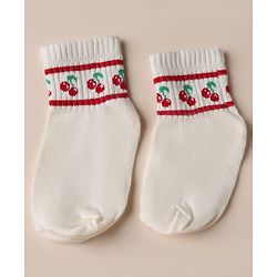Cute Walk by Babyhug Cotton Knit Anti Bacterial Ankle Length Socks with Strawberry & Cherry Design Pack of 3 - White, Pink & Off White