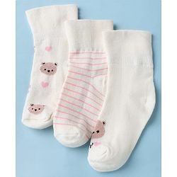 Cute Walk by Babyhug Cotton Knit Anti-bacterial Ankle Length Socks With Bear Design Pack of 3 - White Pink