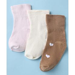 Cute Walk by Babyhug Cotton Knit SOLID Anti-bacterial Ankle Length Socks With Heart Design Pack of 3 - Brown White Pink