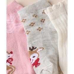 Cute Walk by Babyhug Anti-bacterial Ankle Length Socks With Animal Design Pack of 3 - Pink White Grey