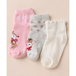 Cute Walk by Babyhug Anti-bacterial Ankle Length Socks With Animal Design Pack of 3 - Pink White Grey