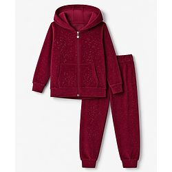 Babyhug Velour Knit Front Opener Full Sleeves Hooded Winter Wear Co-Ords Suit With Stone Embellishment - Maroon