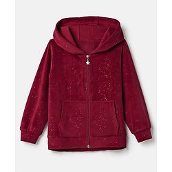 Babyhug Velour Knit Front Opener Full Sleeves Hooded Winter Wear Co-Ords Suit With Stone Embellishment - Maroon