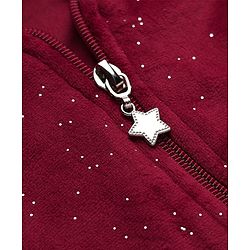Babyhug Velour Knit Front Opener Full Sleeves Hooded Winter Wear Co-Ords Suit With Stone Embellishment - Maroon