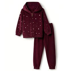 Babyhug Velour Knit Full Sleeves Star Printed Hooded Front Open Winter Wear Suit - Wine