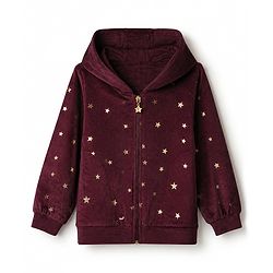 Babyhug Velour Knit Full Sleeves Star Printed Hooded Front Open Winter Wear Suit - Wine
