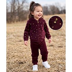 Babyhug Velour Knit Full Sleeves Star Printed Hooded Front Open Winter Wear Suit - Wine