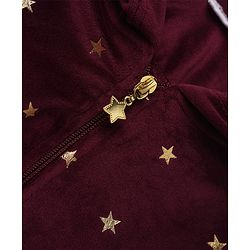 Babyhug Velour Knit Full Sleeves Star Printed Hooded Front Open Winter Wear Suit - Wine