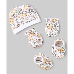 Babyhug 100% Cotton Interlock Knit Caps, Mittens & Booties with Floral Print White - Diameter 10.5 cm