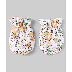 Babyhug 100% Cotton Interlock Knit Caps, Mittens & Booties with Floral Print White - Diameter 10.5 cm