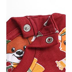 Babyhug 100% Cotton Knit Full Sleeves Co-Ords T-Shirt & Pyjama Night Suit with Animal Print - Maroon