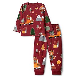 Babyhug 100% Cotton Knit Full Sleeves Co-Ords T-Shirt & Pyjama Night Suit with Animal Print - Maroon