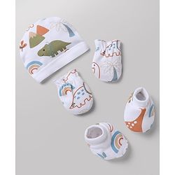 Babyhug 100% Cotton Interlock Knit Cap, Mittens & Booties with Animal Print White - Diameter 15 cm