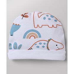 Babyhug 100% Cotton Interlock Knit Cap, Mittens & Booties with Animal Print White - Diameter 15 cm
