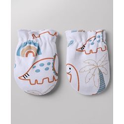 Babyhug 100% Cotton Interlock Knit Cap, Mittens & Booties with Animal Print White - Diameter 15 cm