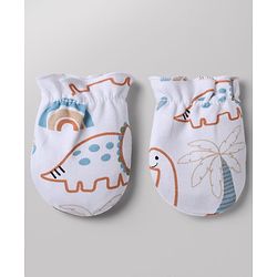 Babyhug 100% Cotton Interlock Knit Cap, Mittens & Booties with Animal Print White - Diameter 15 cm