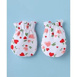 Babyhug 100% Cotton Interlock Knit Cap, Mittens & Booties with Heart & Floral Print White - Diameter 15 cm