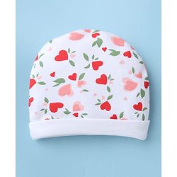 Babyhug 100% Cotton Interlock Knit Cap, Mittens & Booties with Heart & Floral Print White - Diameter 15 cm