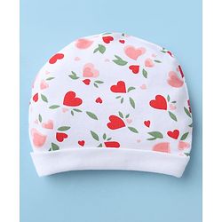Babyhug 100% Cotton Interlock Knit Cap, Mittens & Booties with Heart & Floral Print White - Diameter 15 cm
