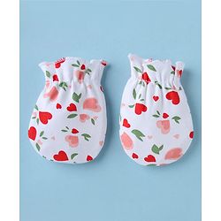 Babyhug 100% Cotton Interlock Knit Cap, Mittens & Booties with Heart & Floral Print White - Diameter 15 cm
