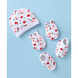 Babyhug 100% Cotton Interlock Knit Cap, Mittens & Booties with Heart & Floral Print White - Diameter 15 cm