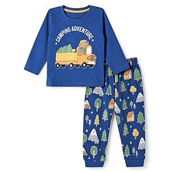Babyhug 100% Cotton Knit Full Sleeves T-Shirt & Pyjama Night Suit with Bear & Truck Print - Blue