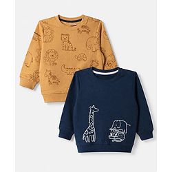 Babyhug 100% Cotton Terry Knit Sweatshirts with Full Sleeves and Animal Print Pack of 2 - Navy Blue Mustard