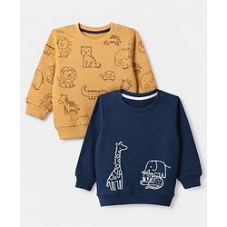 Babyhug 100% Cotton Terry Knit Sweatshirts with Full Sleeves and Animal Print Pack of 2 - Navy Blue Mustard