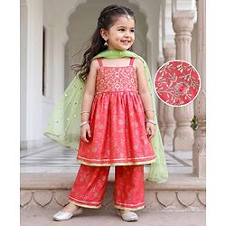 Babyhug Chanderi Woven Sleeveless Foil Printed Kurti & Salwar Set With Dupatta - Fuchsia