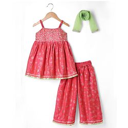 Babyhug Chanderi Woven Sleeveless Foil Printed Kurti & Salwar Set With Dupatta - Fuchsia