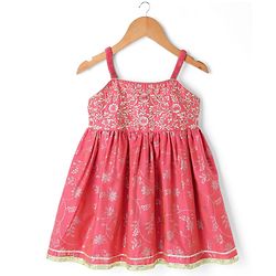 Babyhug Chanderi Woven Sleeveless Foil Printed Kurti & Salwar Set With Dupatta - Fuchsia