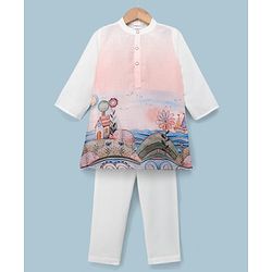 Babyhug Linen Woven Full Sleeves Kurta and Pyjama Set With Landscape Print - Light Pink