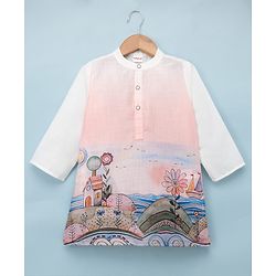 Babyhug Linen Woven Full Sleeves Kurta and Pyjama Set With Landscape Print - Light Pink