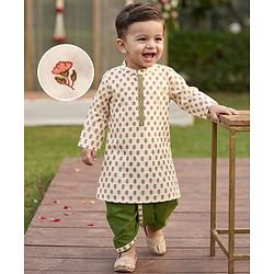 Babyhug 100% Cotton Woven Full Sleeves Kurta and Dhoti Set with Floral Print in Offwhite for 9-12 Months